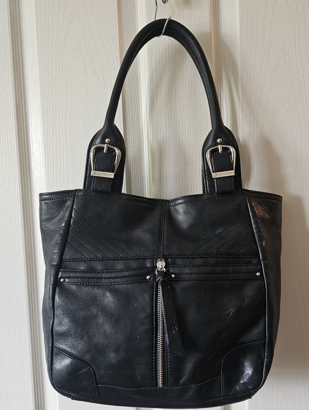 b. makowsky Black Leather Tote with Front Zip Pocket